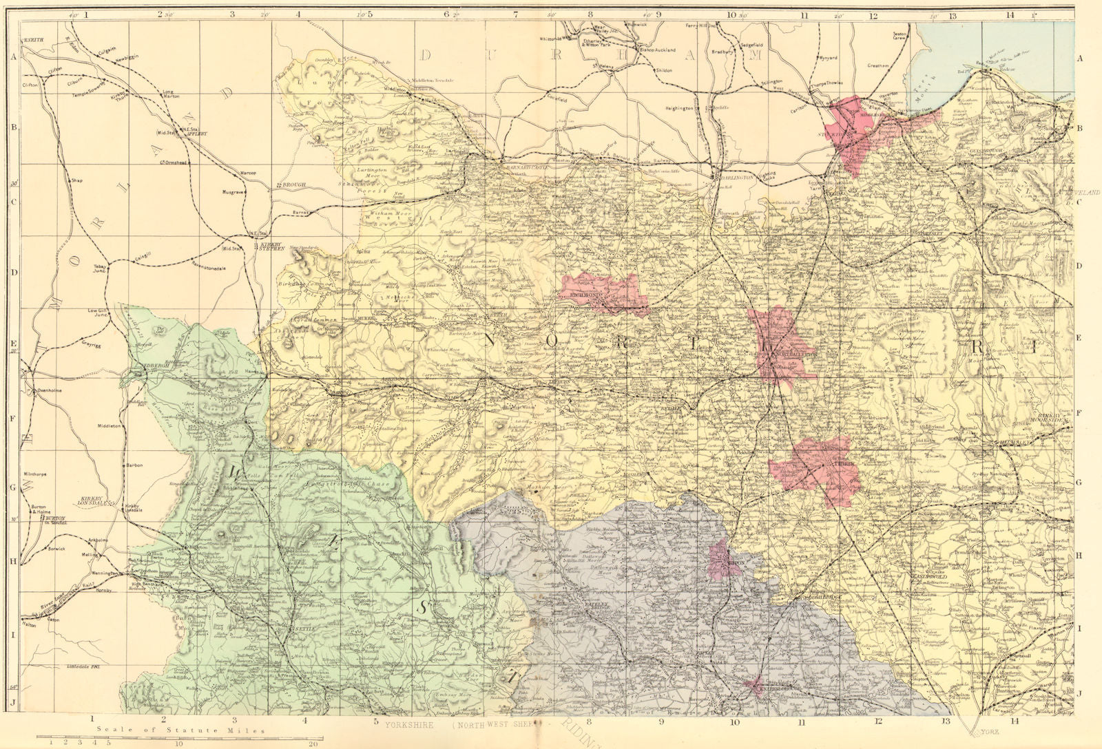 YORKSHIRE (North West). Middlesborough Northallerton. County map. GW BACON 1884